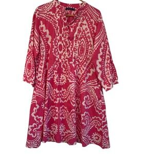 LA PLAGE Pink White Ikat Print Tunic Dress Women's Medium Banded Collar Pleated